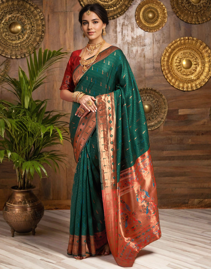Traditional Green Paithani Silk Saree With Zari Weaving Work
