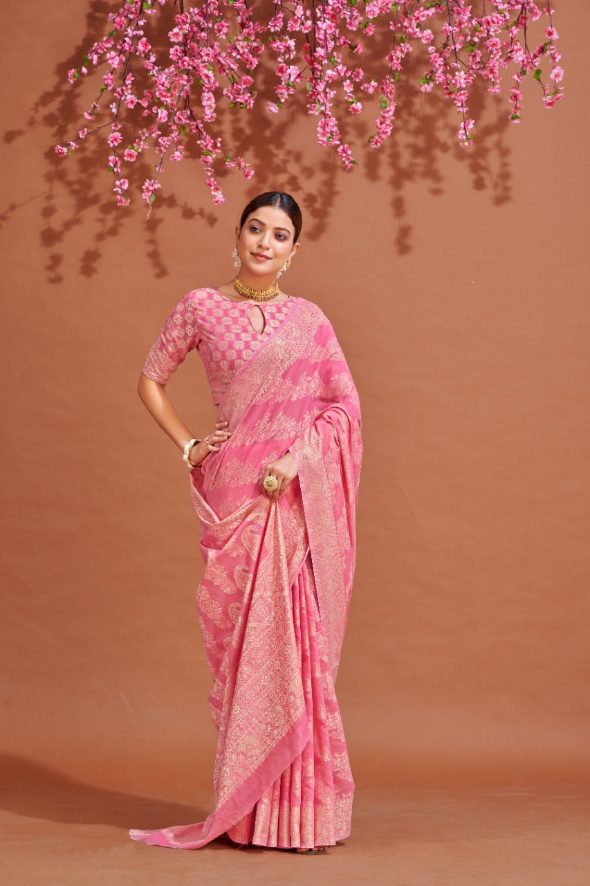 Pink Soft Cotton Saree With Lucknowi Work
