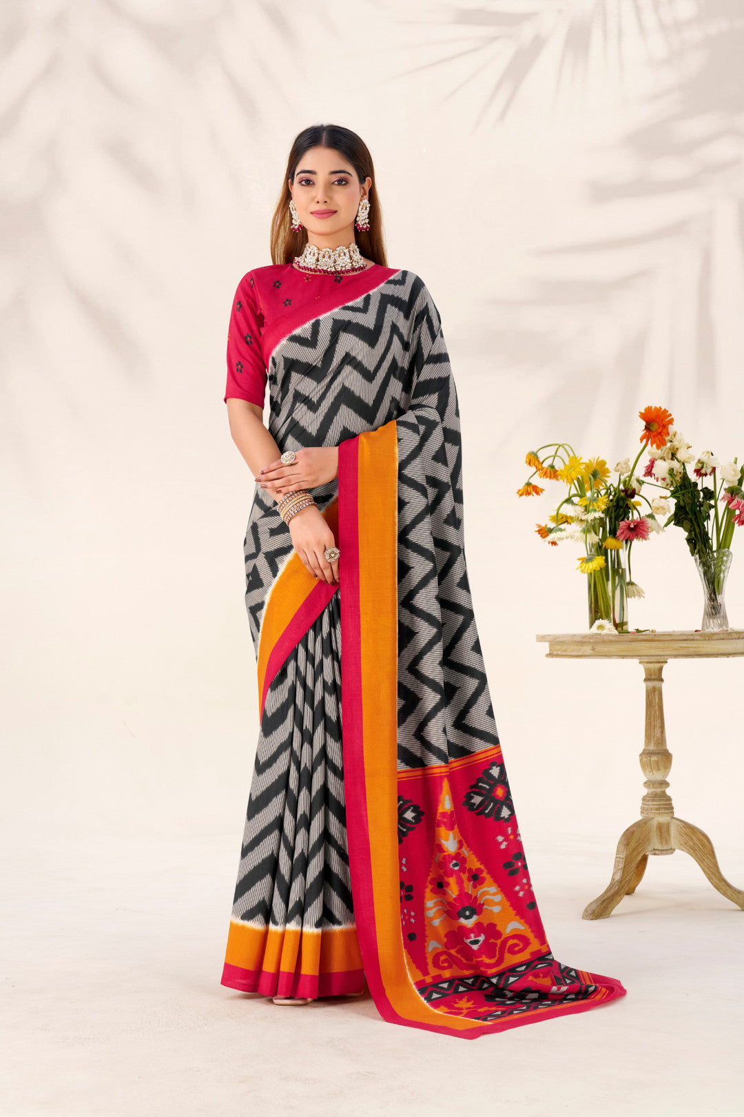 Multi Color Soft Tussar Silk Saree With Printed Work & Lace Border | Festive Ethnic Wear – JaipurSaaj