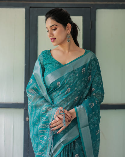 Rama Green Digital Printed Linen Cotton Saree | Summer Special Casual & Office Wear – JaipurSaaj