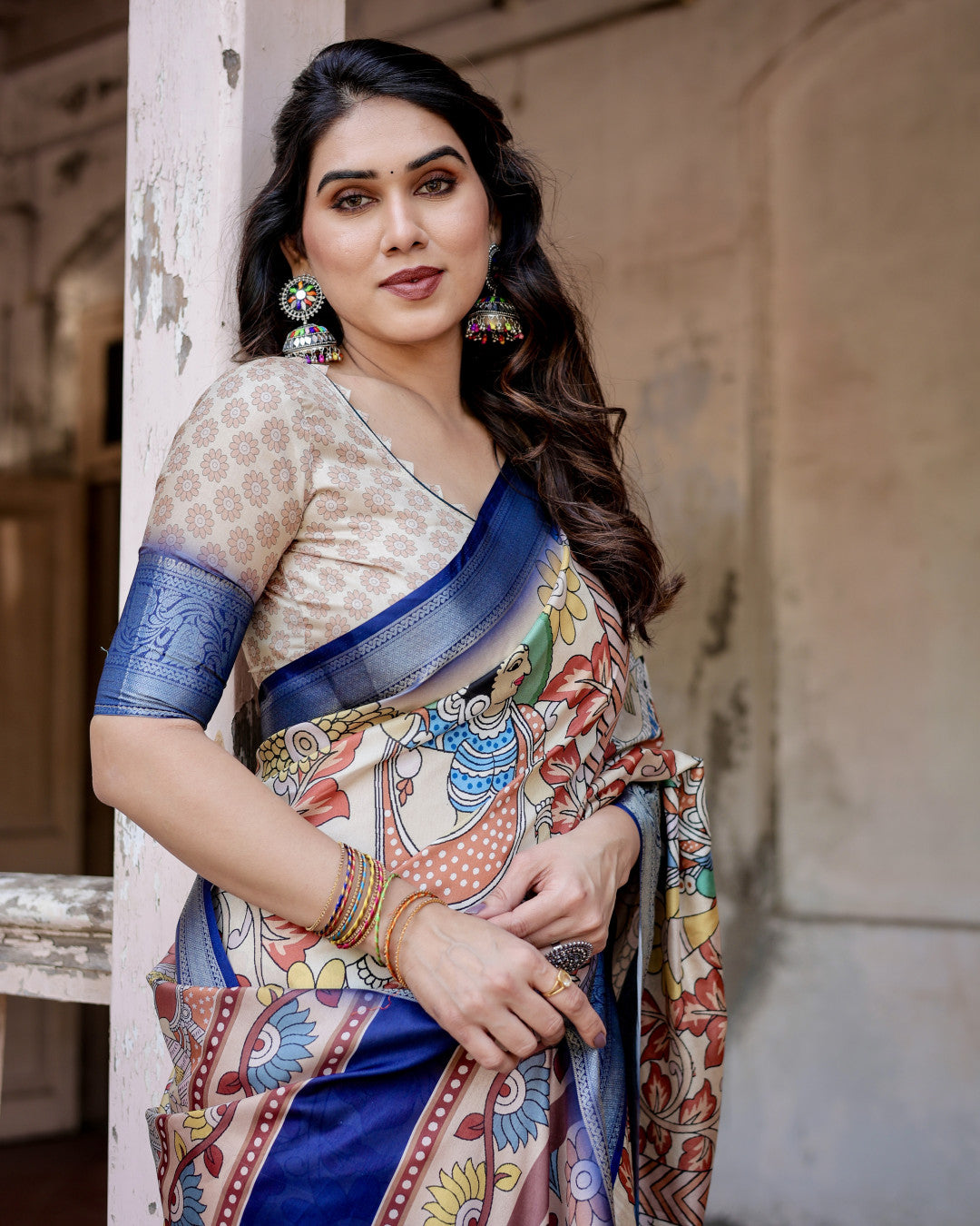 Multi Kalamakari Floral Printed Tussar Silk Saree With Zari Motif Border | Festive Ethnic Wear – JaipurSaaj