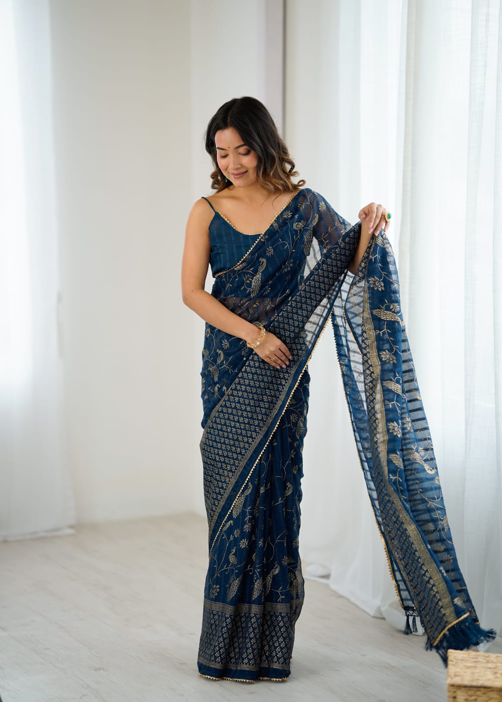 Navy Blue Color Georgette Saree With Digital Printed Work And Lace Border