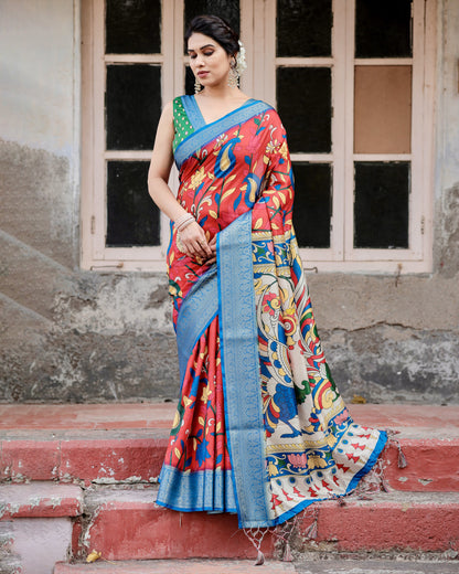 Multi Kalamakari Floral Printed Tussar Silk Saree With Zari Motif Border | Festive Ethnic Wear – JaipurSaaj