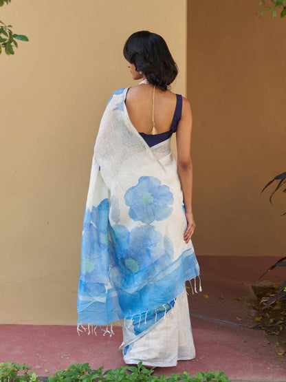 Sky Blue Color Plain Mix Linen Cotton Saree With Digital Printed Work