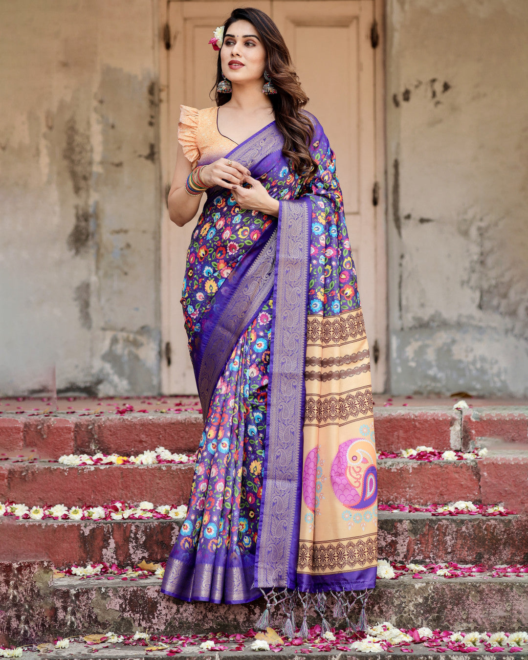 Multi Kalamakari Floral Printed Tussar Silk Saree With Zari Motif Border | Festive Ethnic Wear – JaipurSaaj
