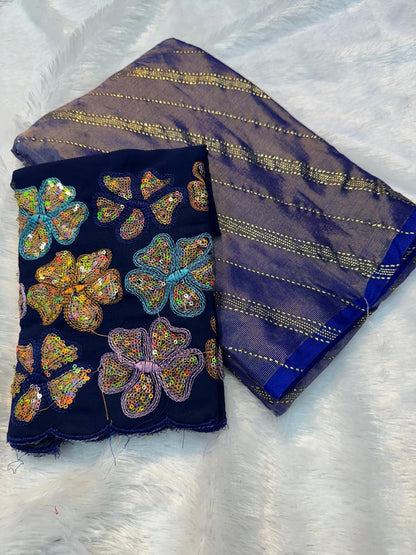 Royal Blue Brasso Silk Saree With Foil Work