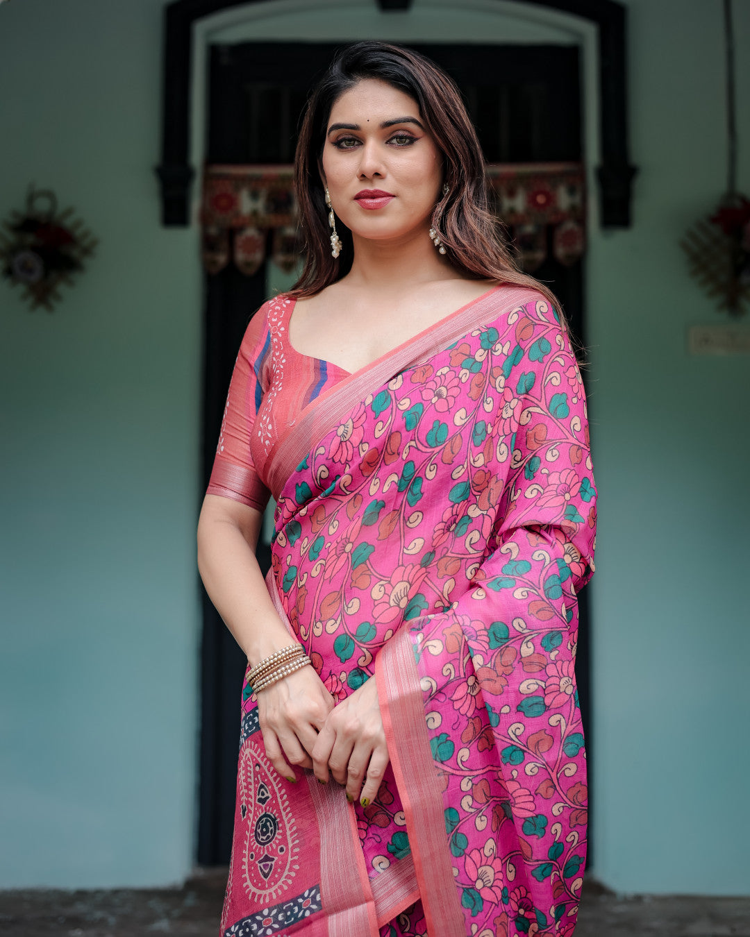 Pink Floral Digital Printed Linen Cotton Saree