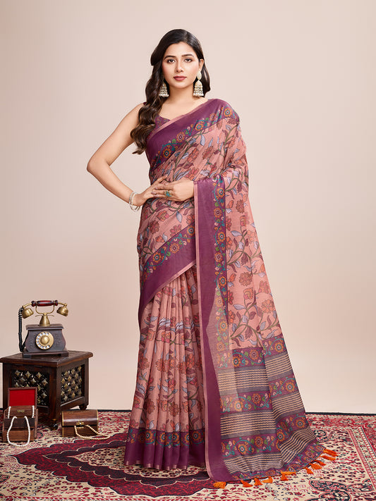 Multi Soft Linen Cotton Saree With Kalamkari Printed Work