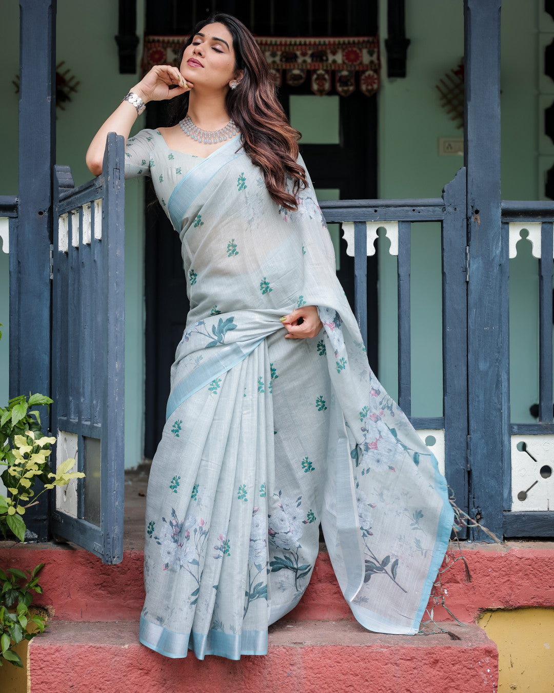Pastel Green Floral Digital Printed Linen Cotton Saree | Office & Casual Ethnic Wear – JaipurSaaj