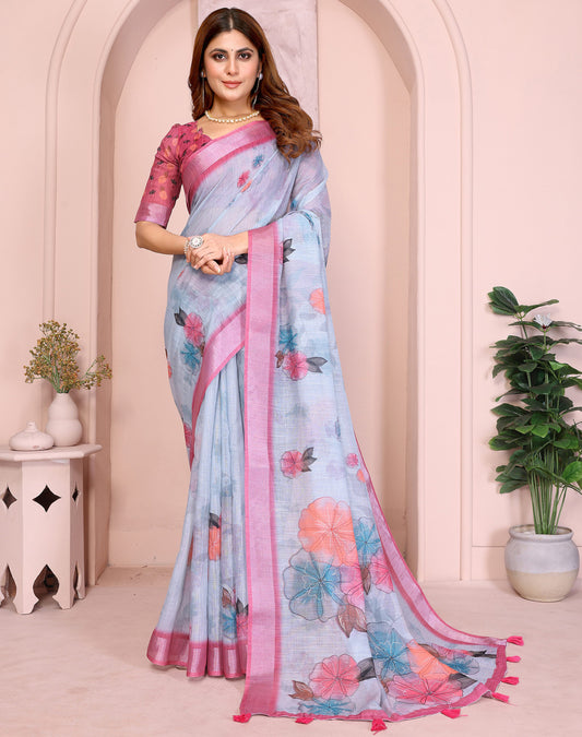 Multi Linen Cotton Saree With Digital Printed Work And Silver Zari Border