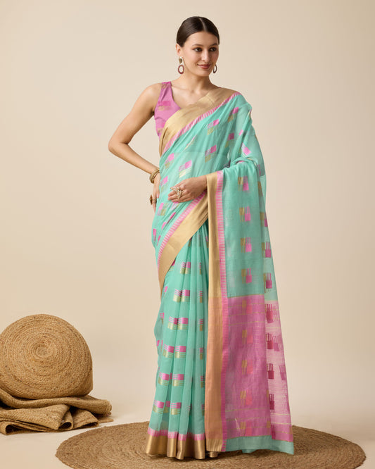 Sky Blue Color Cotton Silk Saree With Weaving Work