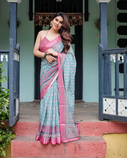 Sky Blue Summer Special Digital Printed Linen Cotton Saree