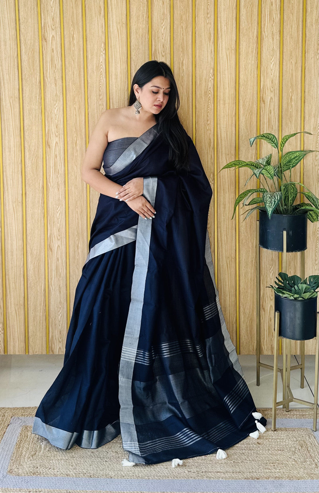 Navy Blue Linen Cotton Saree With Silver Zari Border