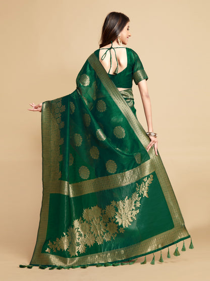 Green Soft Linen Silk Saree With Zari Weaving Work | Traditional Wedding & Festive Wear – JaipurSaaj