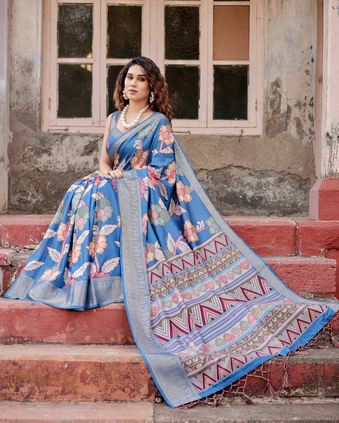 Blue Tussar Silk Saree With Digital Kalamkari Print & Zari Motif Border | Casual & Festive Wear – JaipurSaaj