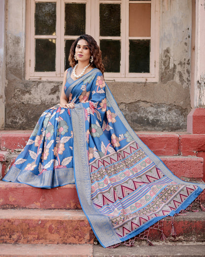 Blue Tussar Silk Saree With Digital Kalamkari Print & Zari Motif Border | Casual & Festive Wear – JaipurSaaj