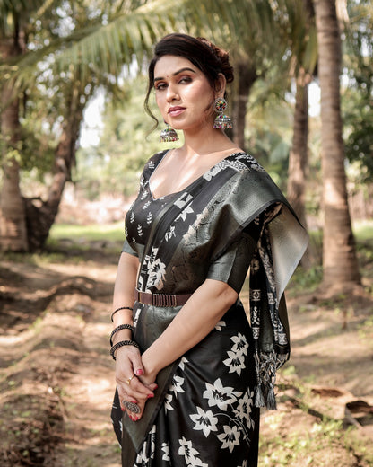 Black Tussar Silk Saree with Floral Woven Motifs & Zari Border | Traditional Festive Wear – JaipurSaaj