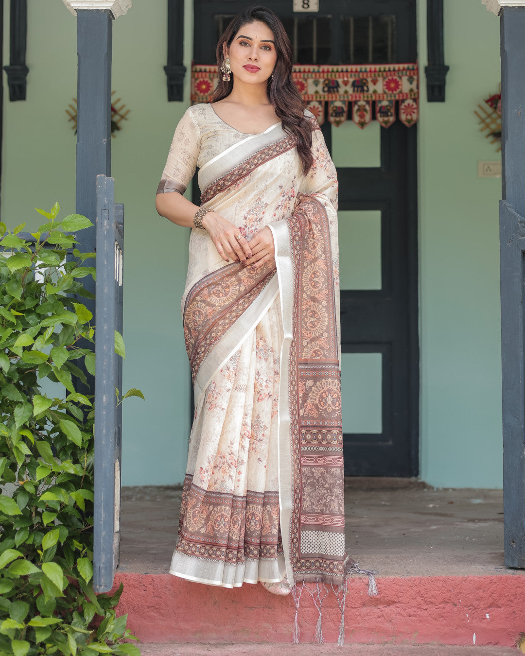Off White Soft Linen Cotton Saree With Digital Printed Work