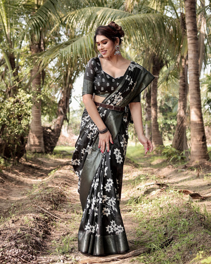 Black Tussar Silk Saree with Floral Woven Motifs & Zari Border | Traditional Festive Wear – JaipurSaaj