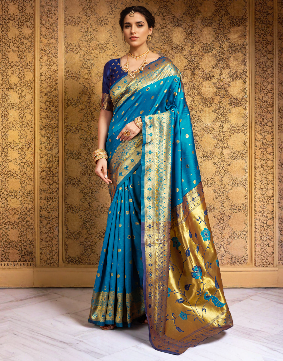 Traditional Firoji Paithani Silk Saree With Zari Weaving Work