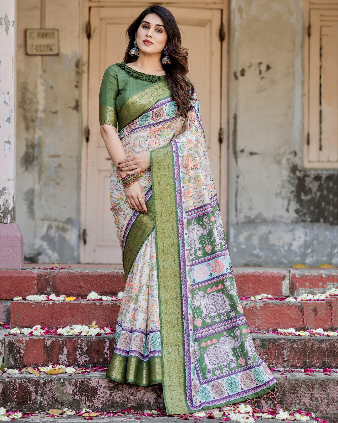 Multi Kalamakari Floral Printed Tussar Silk Saree With Zari Motif Border | Festive Ethnic Wear – JaipurSaaj