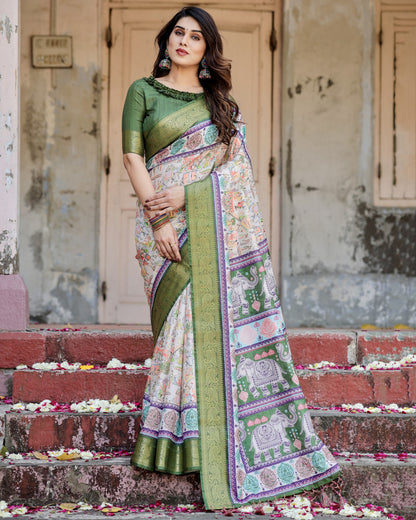Multi Kalamakari Floral Printed Tussar Silk Saree With Zari Motif Border | Festive Ethnic Wear – JaipurSaaj