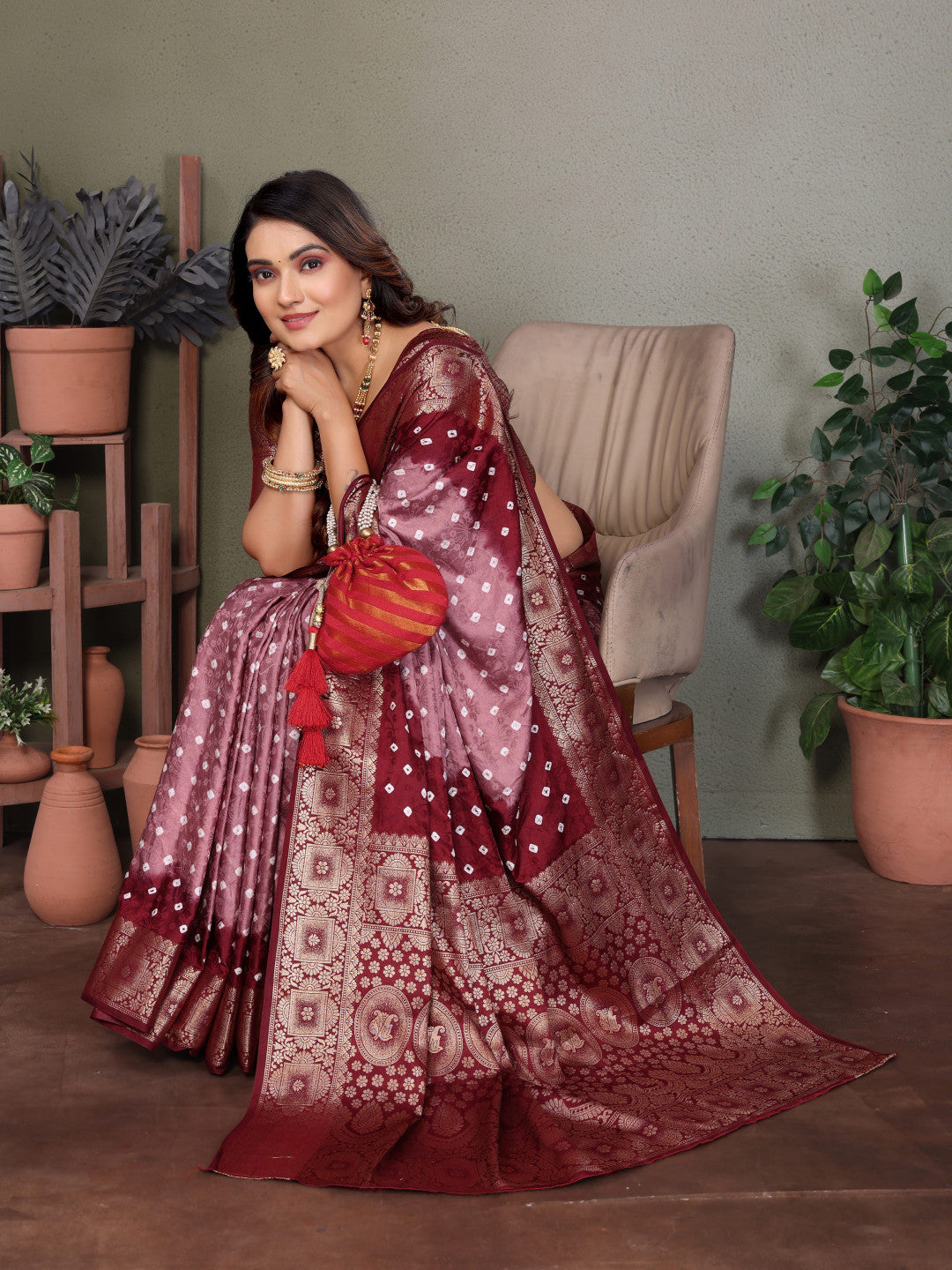 Light Coffee & Maroon Bandhej Silk Saree With Zari Weaving Work | Festive Wedding Wear – JaipurSaaj
