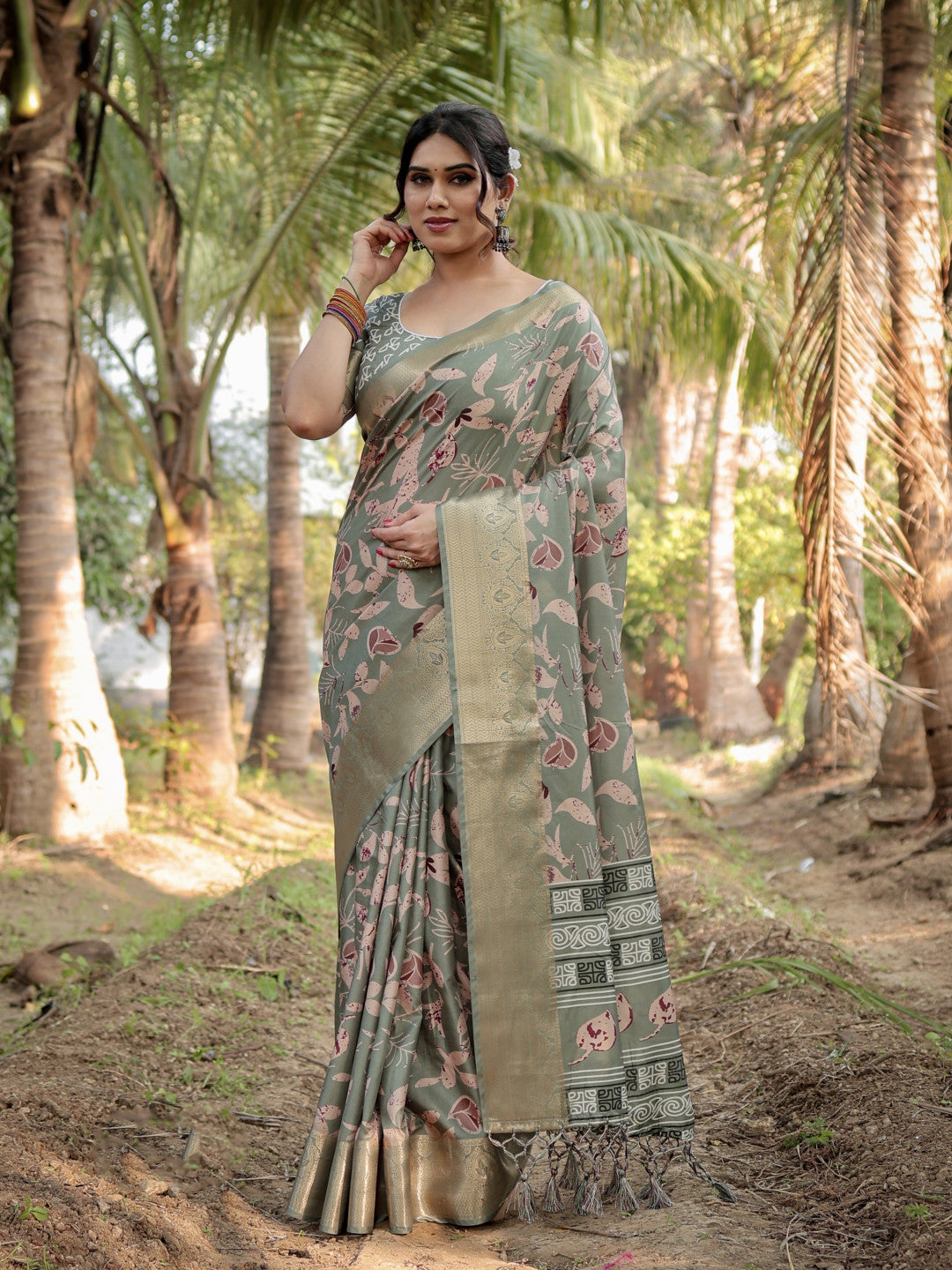 Olive Green Tussar Silk Saree with Floral Woven Motifs & Zari Border | Traditional Festive Wear – JaipurSaaj