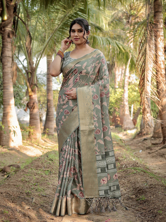 Olive Green Tussar Silk Saree with Floral Woven Motifs & Zari Border | Traditional Festive Wear – JaipurSaaj