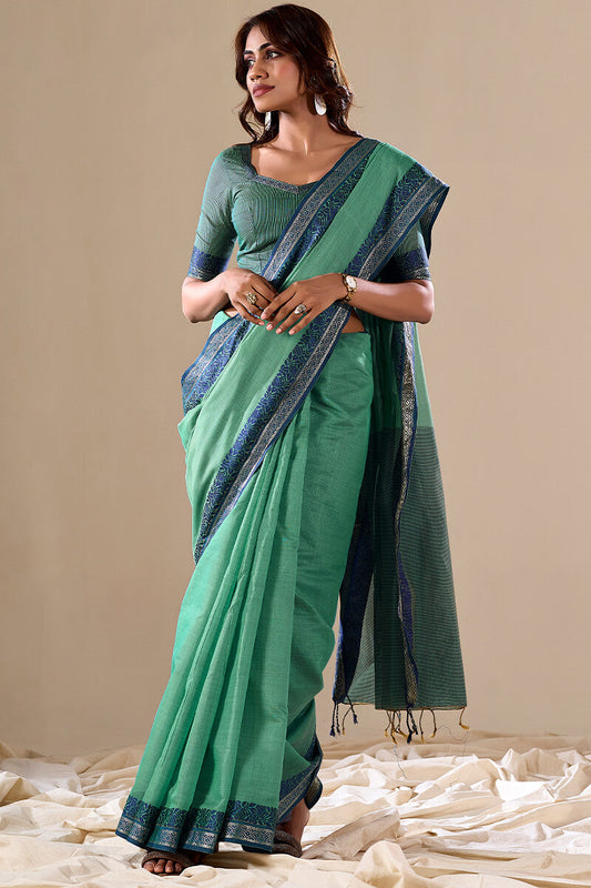 Sea Green Linen Cotton Saree With Weaving Work