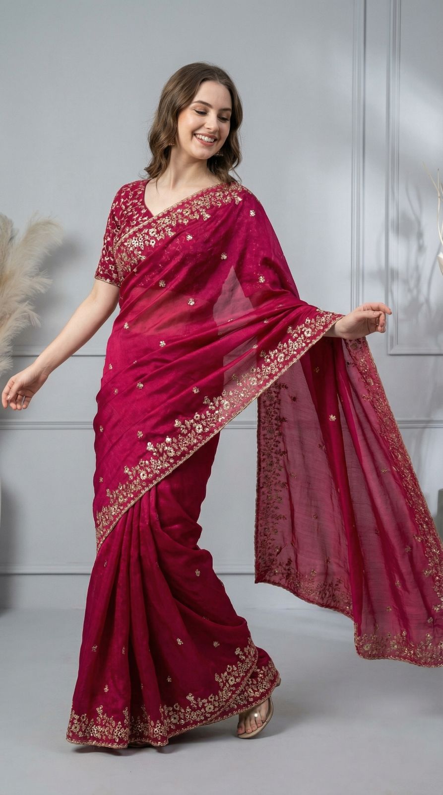 Pink Fandy Chiffon Silk Saree With Sequin Work & Cut Work Border | Party & Reception Wear – JaipurSaaj