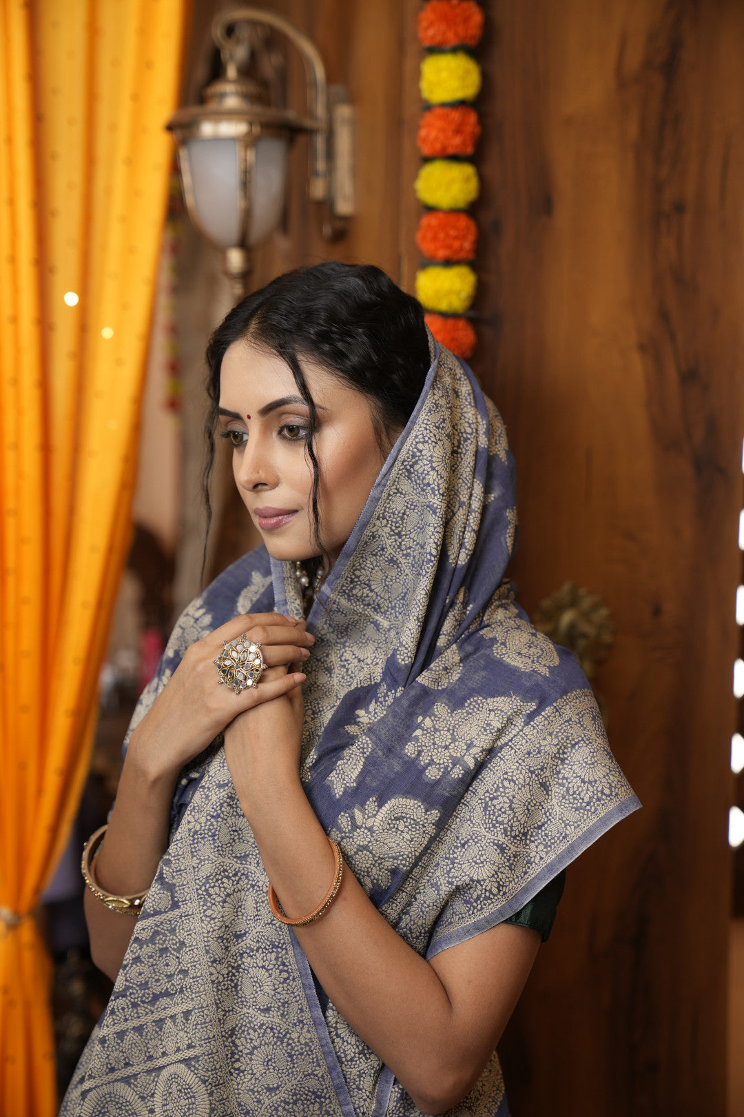 Navy Blue Soft Cotton Saree With Lucknowi Work