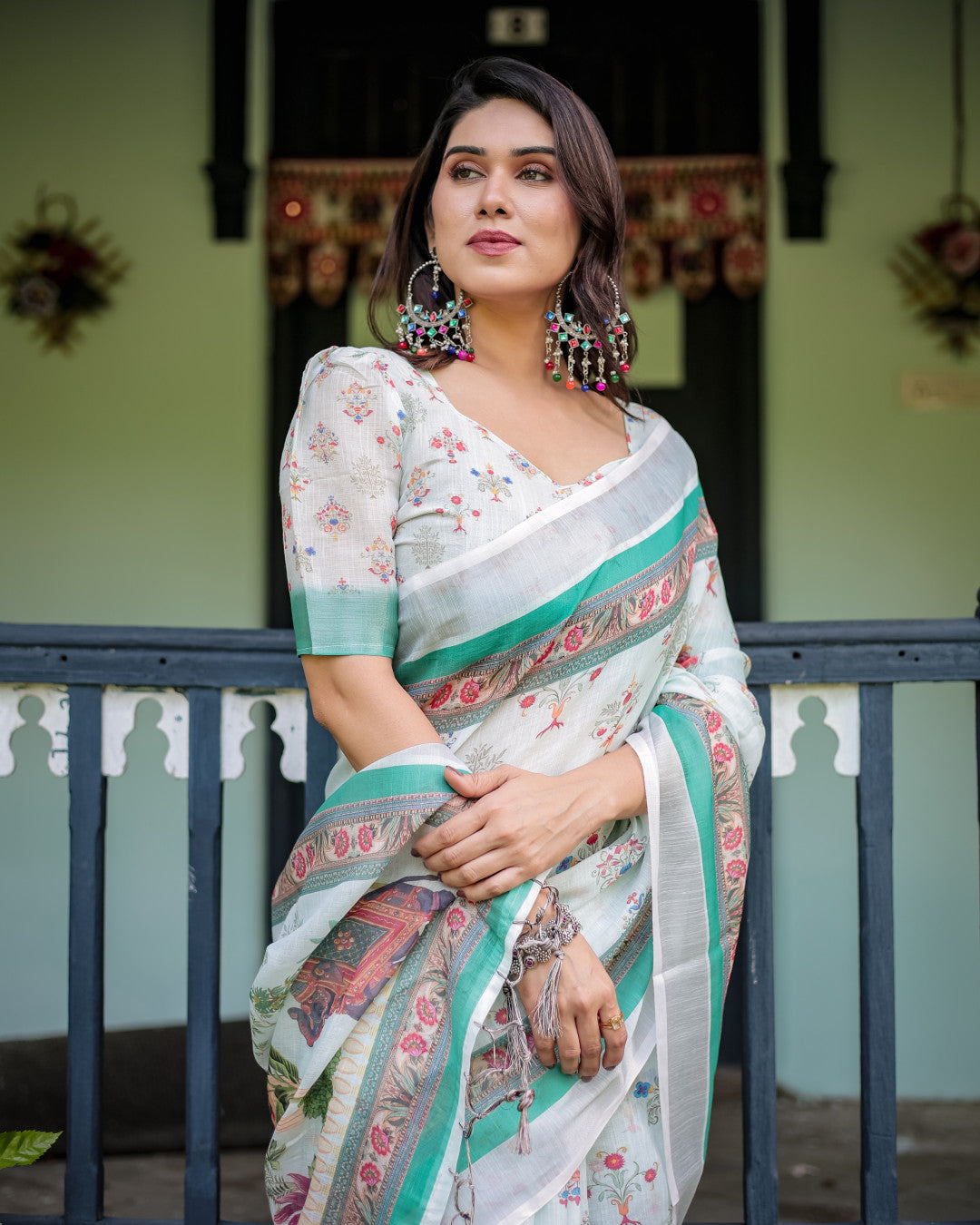 White Summer Special Digital Printed Linen Cotton Saree