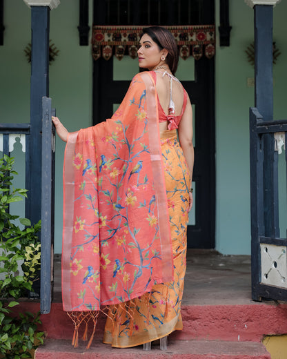 Peach Floral Digital Printed Linen Cotton Saree