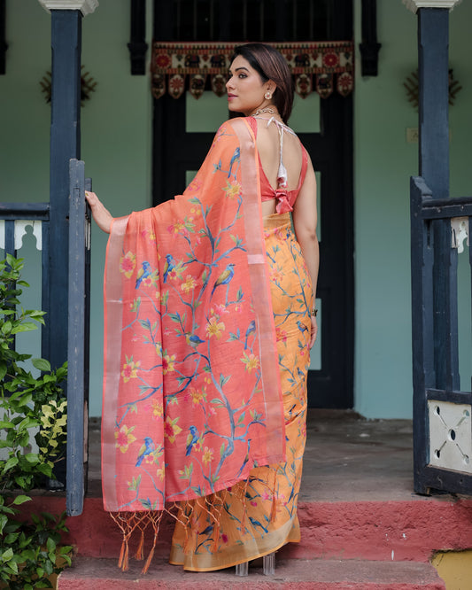 Peach Floral Digital Printed Linen Cotton Saree