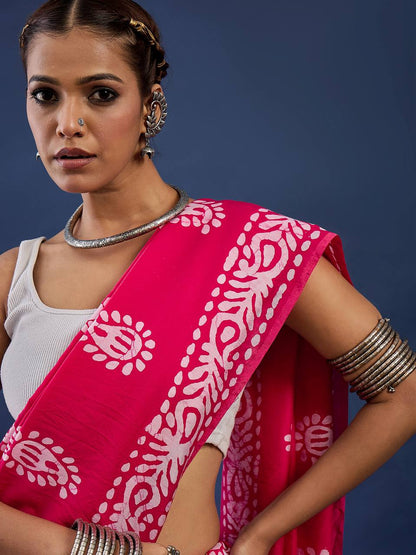 Pink Soft Pure Cotton Silk Saree With Hand Batik Print Work | Casual & Ethnic Wear – JaipurSaaj