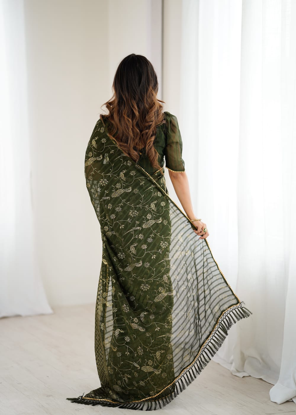 Mahendi Green Color Georgette Saree With Digital Printed Work And Lace Border