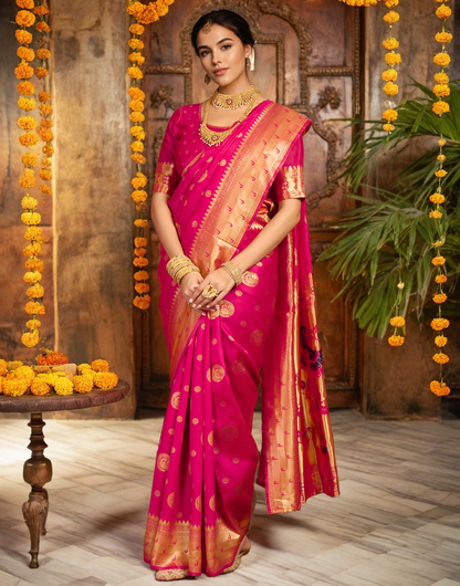 Pink Paithani Silk Saree With Zari Weaving Work