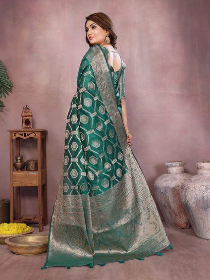 Rama Green Organza Silk Banarasi Saree With Zari Weaving Work | Bridal Wedding & Festive Wear – JaipurSaaj