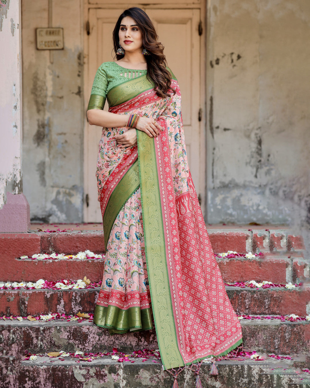 Blush Pink Digital Printed Tussar Silk Saree With Zari Motif Border | Designer Festive Ethnic Wear – JaipurSaaj