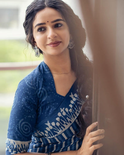 Blue Linen Cotton Saree With Digital Printed Work | Office & Casual Ethnic Wear – JaipurSaaj