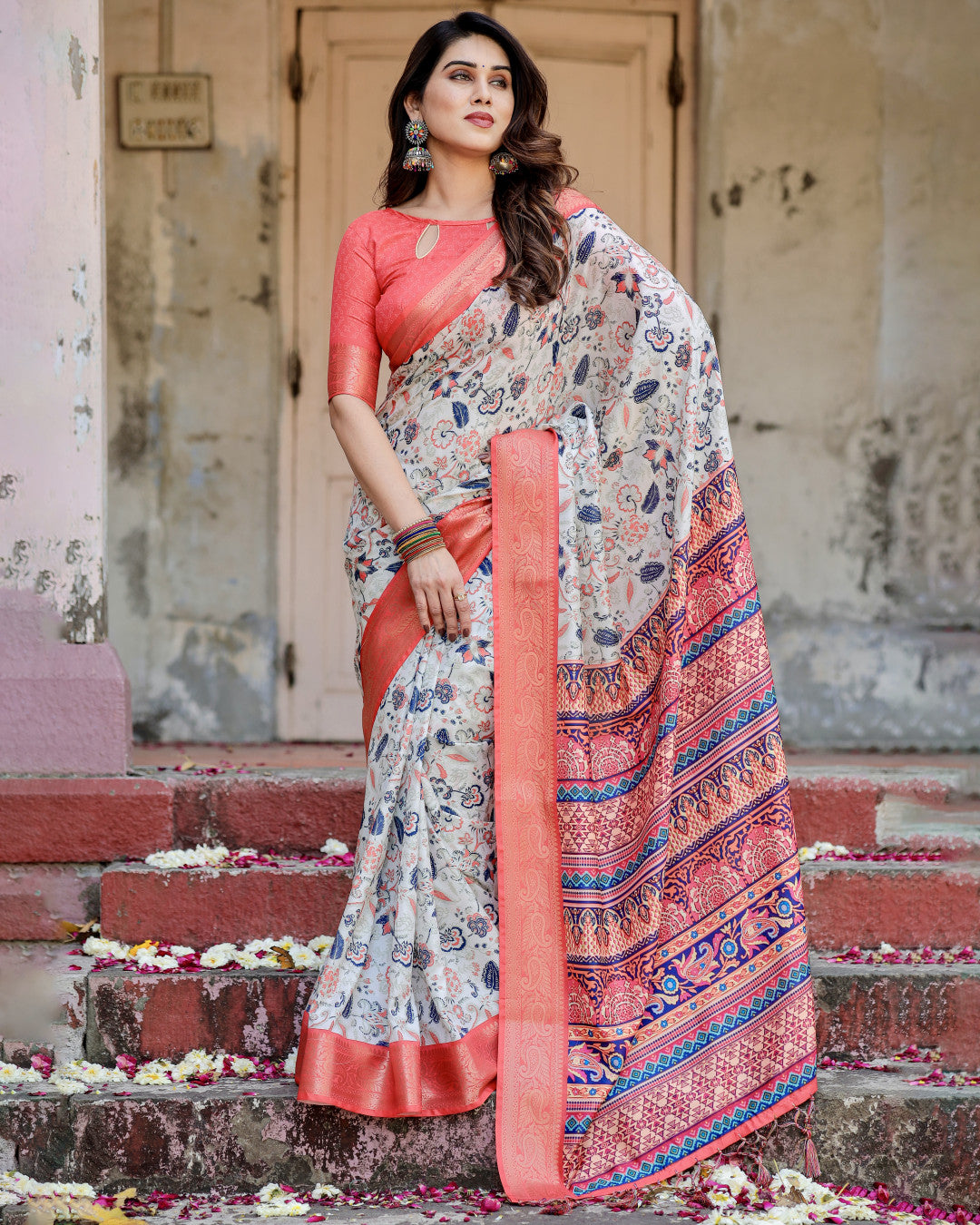 Multi Color Digital Printed Tussar Silk Saree With Zari Motif Border | Designer Festive Ethnic Wear – JaipurSaaj