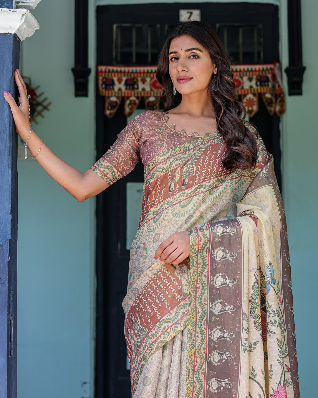 Multi Color Kalamkari Digital Printed Linen Cotton Saree | Summer Casual & Ethnic Wear – JaipurSaaj