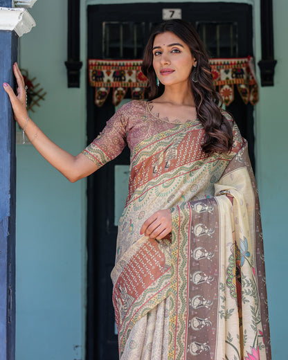 Multi Color Kalamkari Digital Printed Linen Cotton Saree | Summer Casual & Ethnic Wear – JaipurSaaj