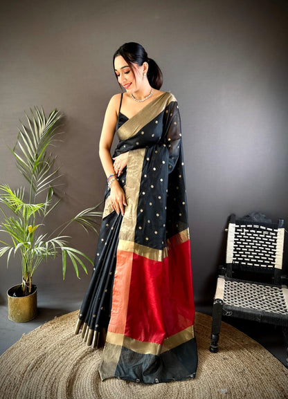 Black Soft Cotton Silk Saree With Zari Woven Work | Wedding & Party Wear – JaipurSaaj