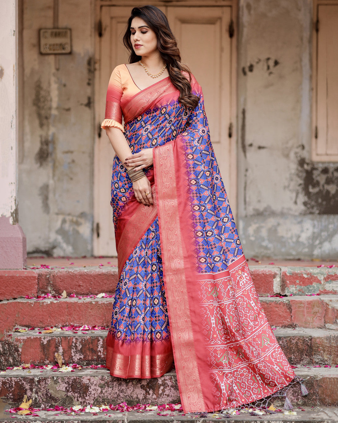 Royal Blue Digital Printed Tussar Silk Saree With Zari Motif Border | Designer Festive Ethnic Wear – JaipurSaaj