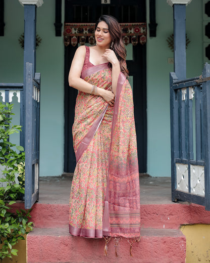 Beige Floral Digital Printed Linen Cotton Saree