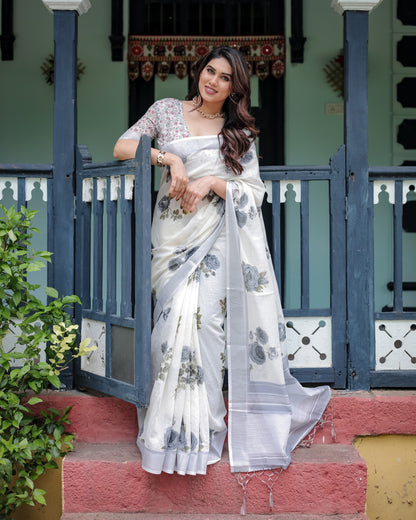 White Digital Printed Linen Cotton Saree | Summer Special Casual & Ethnic Wear – JaipurSaaj