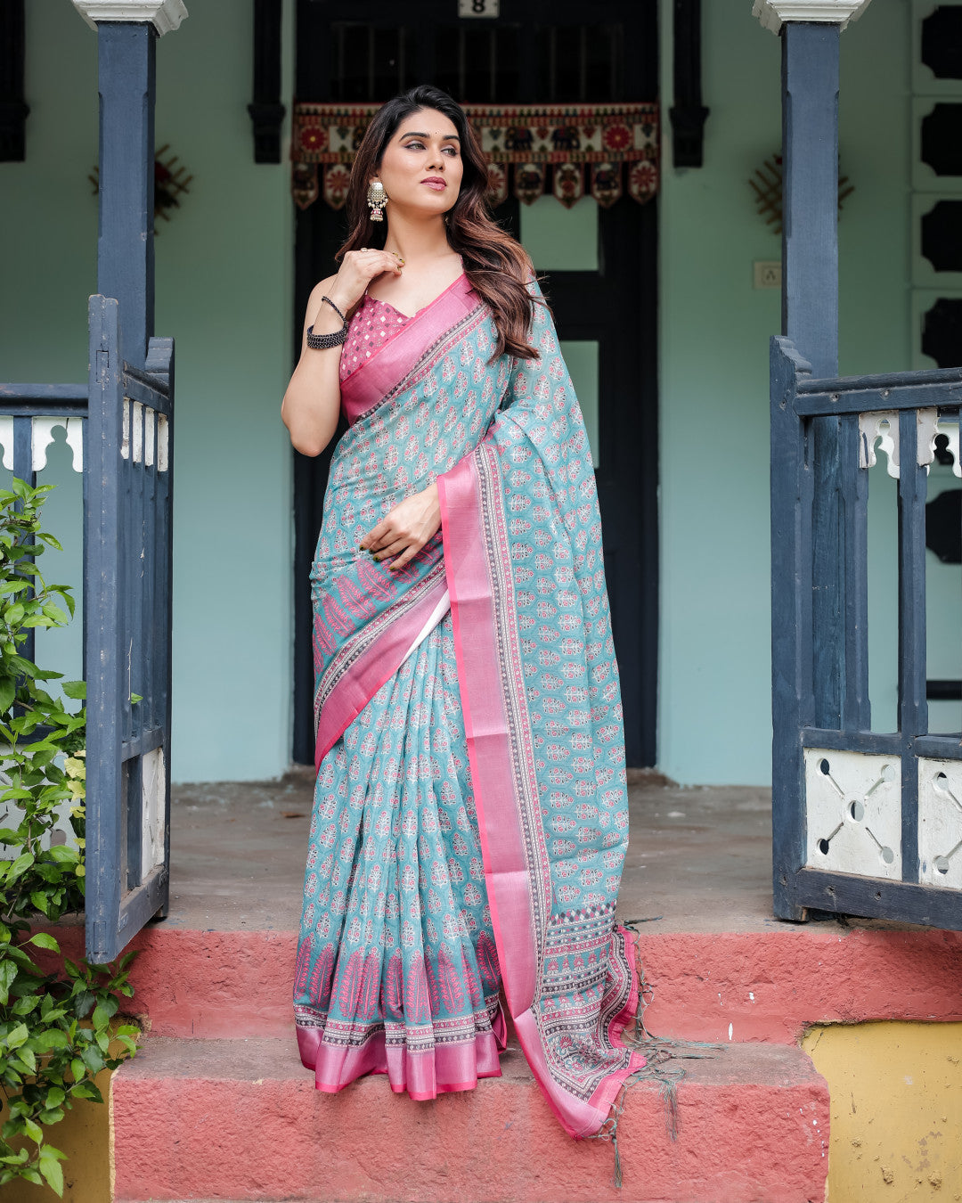 Sky Blue Summer Special Digital Printed Linen Cotton Saree