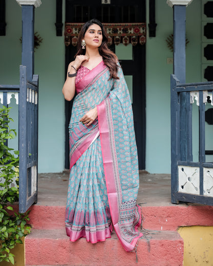 Sky Blue Summer Special Digital Printed Linen Cotton Saree